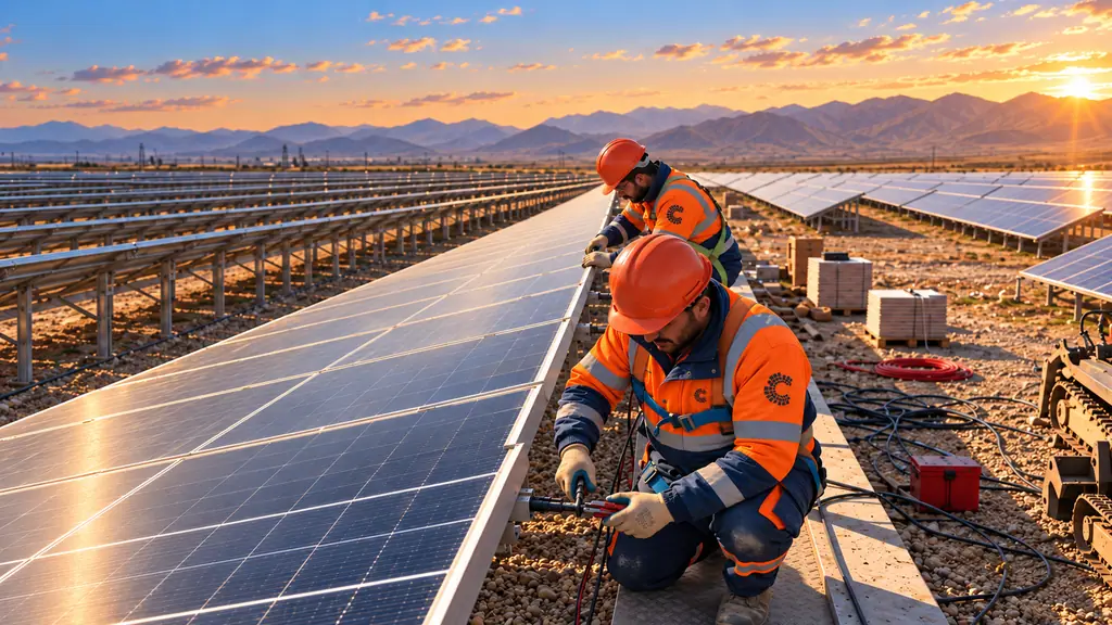 Arazi GES sahasında panel bağlantılarını yapan turuncu iş kıyafetli Solar Doctors montaj ekibi